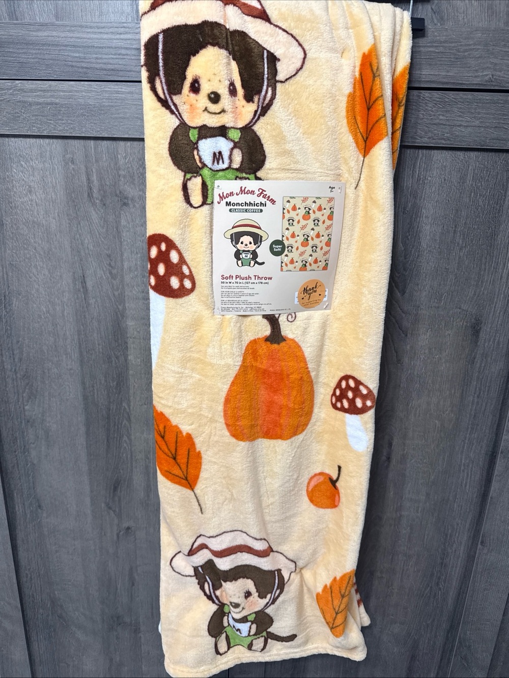 New Monchhichi Fall Autumn Leaves & Pumpkin Latte Coffee Throw Blanket On Hanger